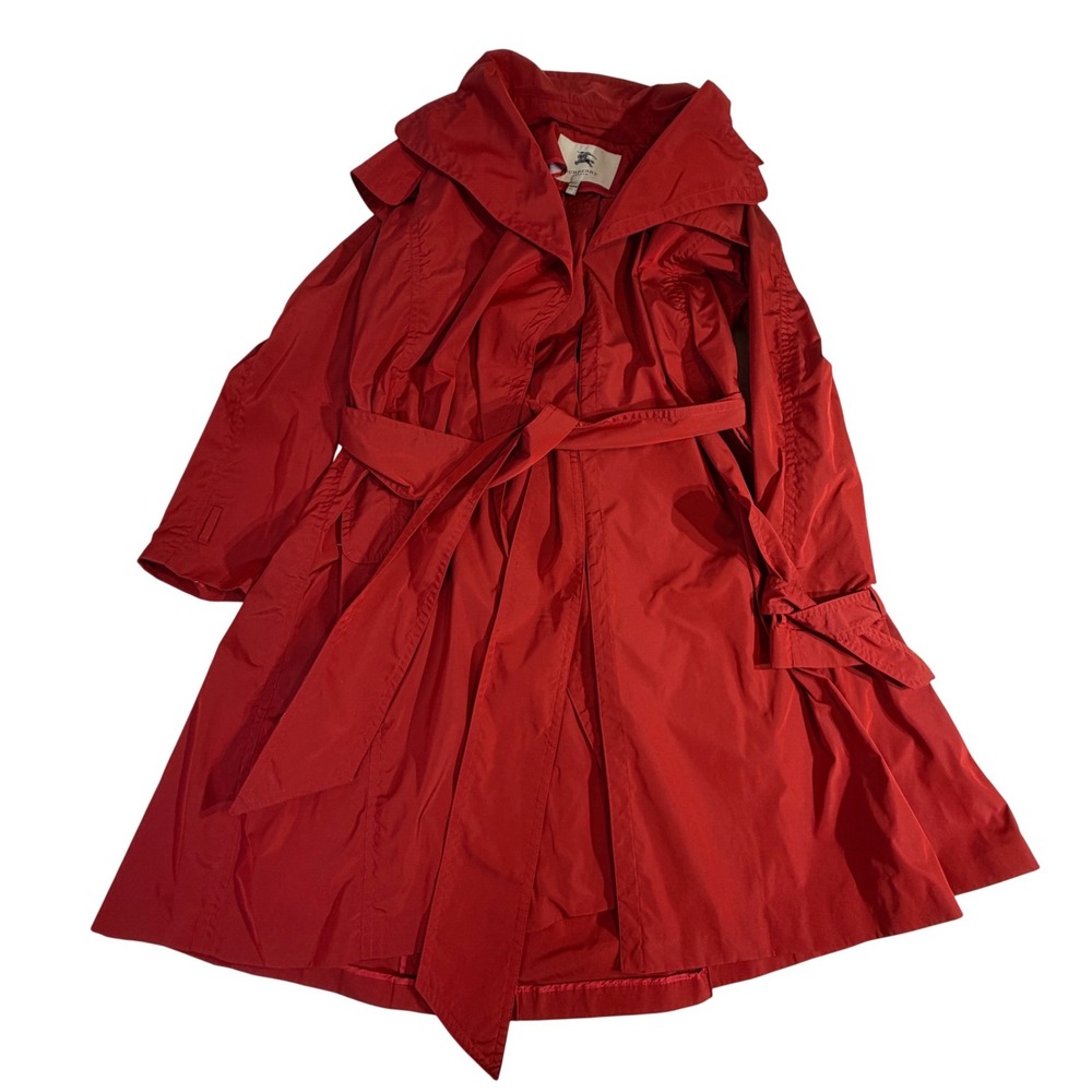 Burberry London Trench Coat US 8 Red Belted Oversized Collar Raincoat